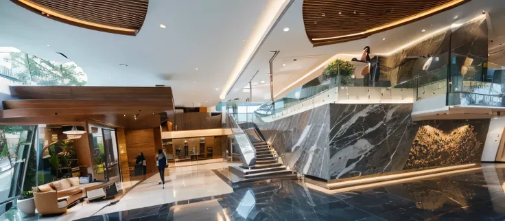 Modern, spacious sales gallery lobby with a dramatic, two level design.  Large, curved, light brown wooden accents and walls contrast with a striking, dark gray and light beige patterned stone wall that forms a large, geometric feature.  A sweeping stairca...