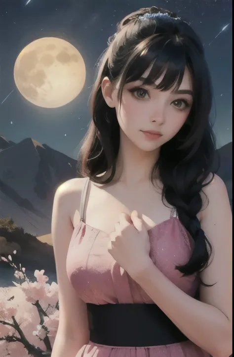 masterpiece, best quality, night, mountain, full moon, long black hair, European woman, firefly, stars, mysterious cherry blossom tree, pink leaves, high quality, beautiful graphics, high detail