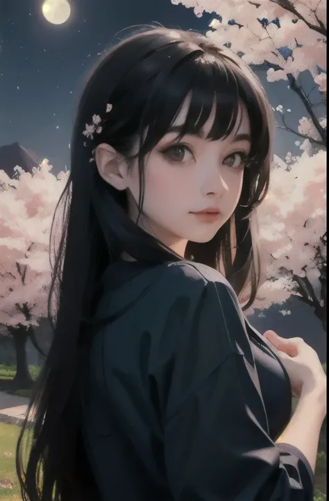 masterpiece, best quality, night, mountain, full moon, long black hair, European woman, firefly, stars, mysterious cherry blossom tree, pink leaves, high quality, beautiful graphics, high detail