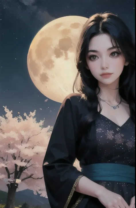 masterpiece, best quality, night, mountain, full moon, long black hair, European woman, firefly, stars, mysterious cherry blossom tree, pink leaves, high quality, beautiful graphics, high detail