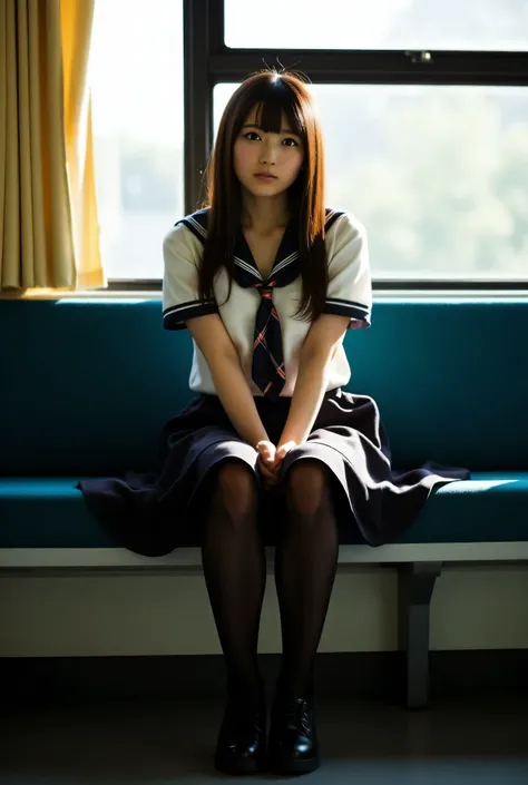 A woman in a high school uniform sits with her legs spread and lifts her skirt , wearing Pantyhose and Lofer, Its live-action, Sitting in train longseat, lots of yellow pee, (peeing blush), embarrassed, peeing ,pee, From below,