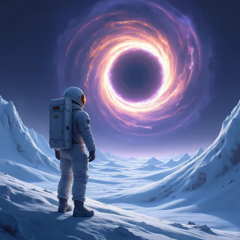 "A realistic poster of a lone astronaut on an icy alien planet with jagged glaciers, gazing at a massive glowing wormhole in a starry sky. The wormhole swirls in purple, blue, and gold, with galaxies and nebulae in the background. The astronauts visor refl...