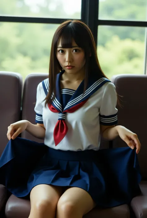 A woman in a high school uniform sits with her legs spread and lifts her skirt , wearing Pantyhose and Lofer, Its live-action, Sitting in train longseat, lots of yellow pee, (peeing blush), embarrassed, peeing ,pee, watching from below,