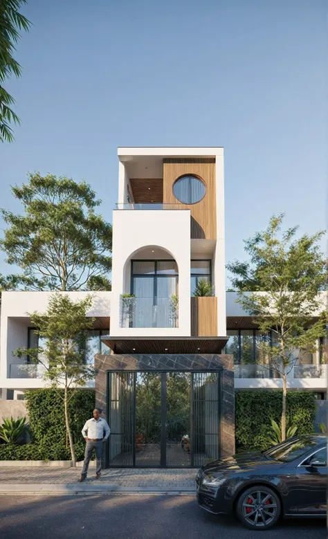 townhouse, Led light, spotlight out door, (modern style:1.2), (Open roof to see the sky), exterior design, perspective view, (open roof), Pavement, alphalt streets road, (next door neighbors house), (dawn light sky background), Low trees around the house, ...