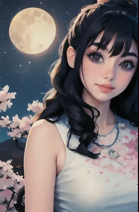 masterpiece, best quality, night, mountain, full moon, long black hair, European woman, firefly, stars, mysterious cherry blossom tree, pink leaves, high quality, beautiful graphics, high detail