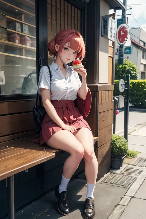 Kore Yamazaki, Elsa Beskow, Satoshi Urushihara, Emanuele Luzzati, Ron Walotsky, Surrealism, wonder, strange, bizarre, fantasy, Sci-fi, Japanese anime, street corner cafe toolbox, miniskirt beautiful high school girl eating strawberry shortcake, perfect vol...