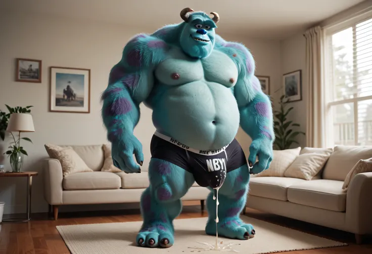 sulley, big monster, standing very tall, highly detailed, blue fur, blue nose, horns, short tail, fat and strong body, belly, muscular arms, thick thighs, black underwear, biggest detailed bulge, erect penis inside underwear, cumming inside underwear, nipp...