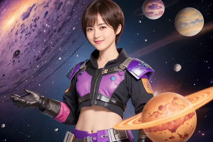 344 (20-year-old female, short hair with shadows), ( high image quality), (smile), (colorful combat uniforms and flowers), (Nebulae and Planets ), (Spaceship), (chest:1.2)