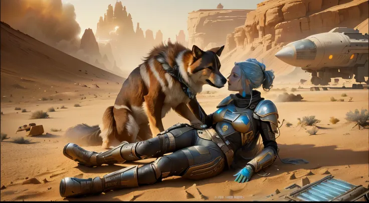 there is a woman and a dog that are in the desert, face of women should be realistictic and  clear , beeple and jean giraud, from a 2 0 1 9 sci fi 8 k movie, greg beeple, film still from movie dune-2021, from guardians of the galaxy, beeple and tim hildebr...