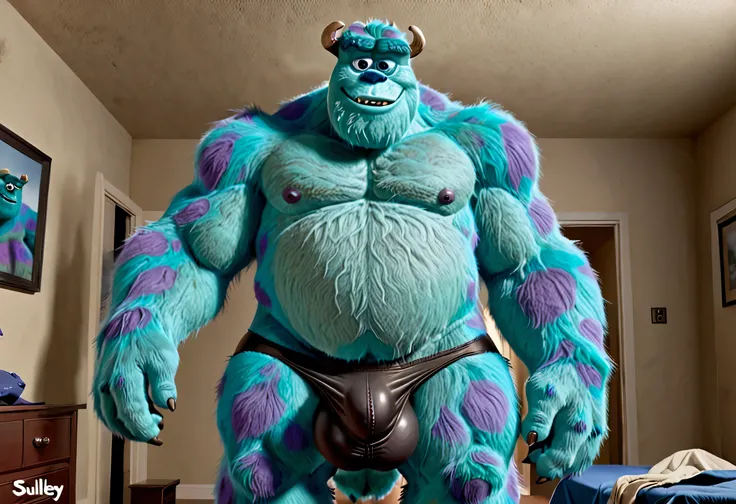 sulley, big monster, standing very tall, highly detailed, blue fur, blue nose, horns, short tail, fat and strong body, muscular arms, thick thighs, black underwear, biggest detailed bulge, big balls, nipples, erect penis inside underwear, cumming inside un...