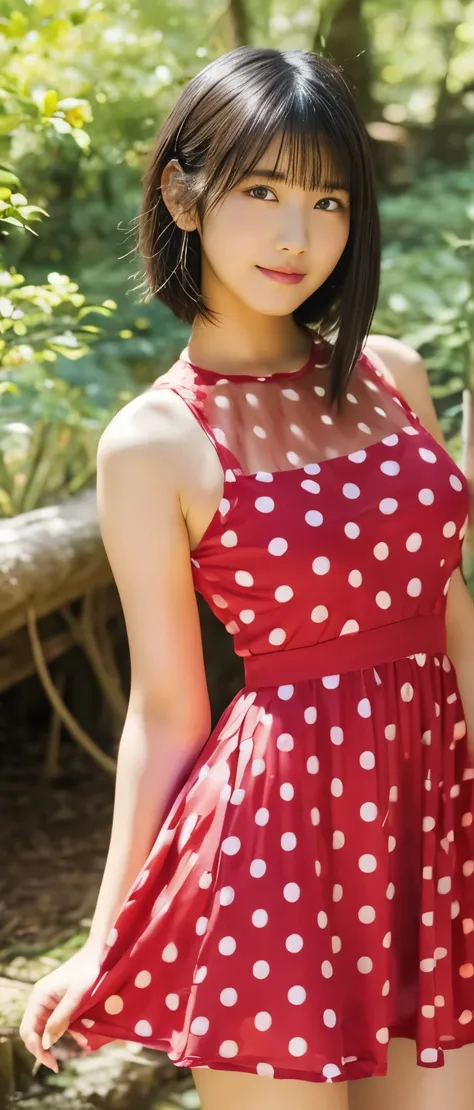  pure idol girl（ short hair with shadows）、、Tanned Thick Legs 、、、Red Polka Dot Tight Dress 、、Good style、A pure girls face、、A fairytale-like forest at night that emits light