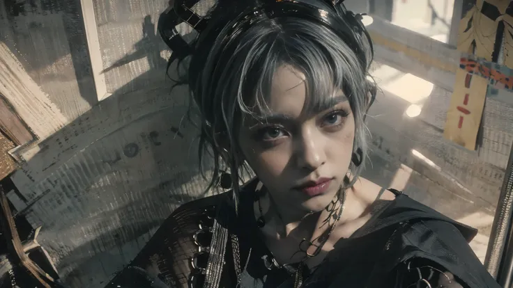 gothic punk girl , colorful hair , black hair, grey hair, jewelry , long eyelashes , earrings, awkward , gothic art , realism, cinematic lighting , ray tracing , rays of god, cowboy shot , masterpiece fails, anatomically correct, super detail, ...