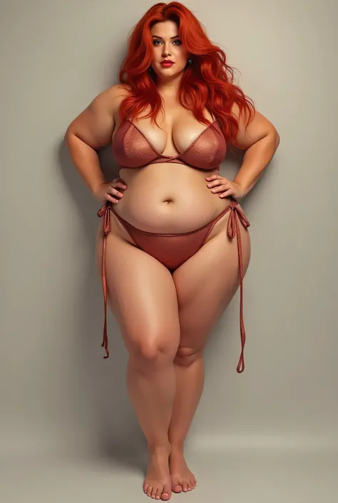 Thicc aunty big boobs booty,red hair, large hair, messy hair ... side-tie bikini blouse No Pants Barefoot No Undergarment