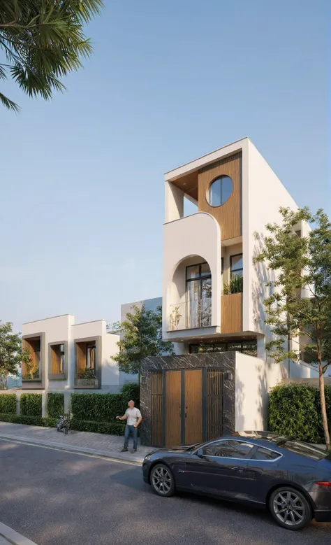 townhouse, Led light, spotlight out door, (modern style:1.2), (Open roof to see the sky), exterior design, perspective view, (open roof), Pavement, alphalt streets road, (next door neighbors house), (dawn light sky background), Low trees around the house, ...