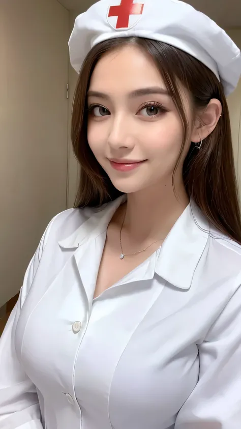 (highest quality, 8k, 32K, masterpiece:1.5), Photos of beautiful women, 1 girl, (big breasts), double eyelid, white nurse uniform, (little white nurse cap:1.3), white shirt, open shirt, hospital, hospital room, Upper body, sexy, smile