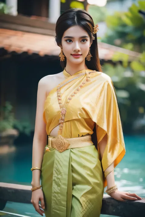 Beautiful girl , Thai Women'warrior, walking at thai measure, changed stance , Thai-shat Suit , Sleeveless Top, Long hair,black eyes, abdominal muscles , , plump body , Round chest, ( Big Bust:1.2), Crack, Morning Sun, Staring at the audience, ( Sex...