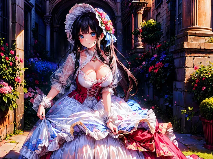  medieval Europe , Lady,  Floral Crinoline Hoop Skirt, red petticoat dress ,  big breasts, hyper detailed beautiful eyes, bonnet, Fluffy, ((smile)), downblouse, loose t-shirt, leaning forward,　 (anime moe art style:1.3),