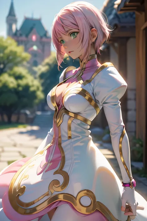 Perfect Anatomy　 top quality , Highest Resolution ,(((White shiny dress　 green eyes　 pink hair　small breasts)))　Estellise　[blurry]　16k　Castle