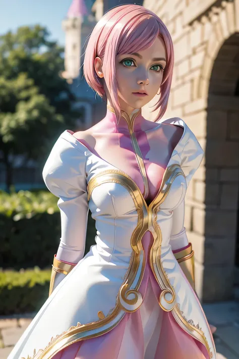  Perfect Anatomy　 top quality , Highest Resolution ,(((White shiny dress　 green eyes　 pink hair　small breasts)))　Estellise　[blurry]　16k　Castle