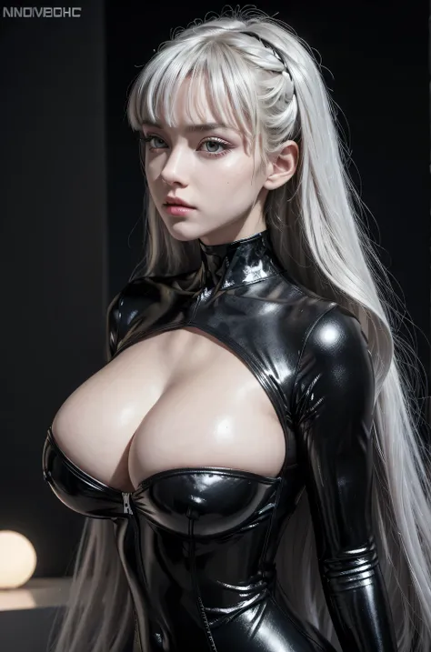 1girl, ultra realistic photo, perfect illumination, 3d, 8k hdr, white silver long hair, black cat woman suit cosplay, perfect shape body, huge breasts, big cleavage, boobs out, 3d