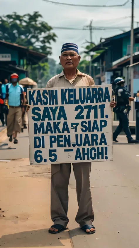 there is a man holding a sign that says KASIH KELUARGA SAYA 271 T MAKA SIAP DI PENJARA 6.5 TAHUN, very powerful, powerful photo, protest, real life picture, by I Ketut Soki, yan gisuka, as real person, great masterpiece, malaysian, real life image, indones...