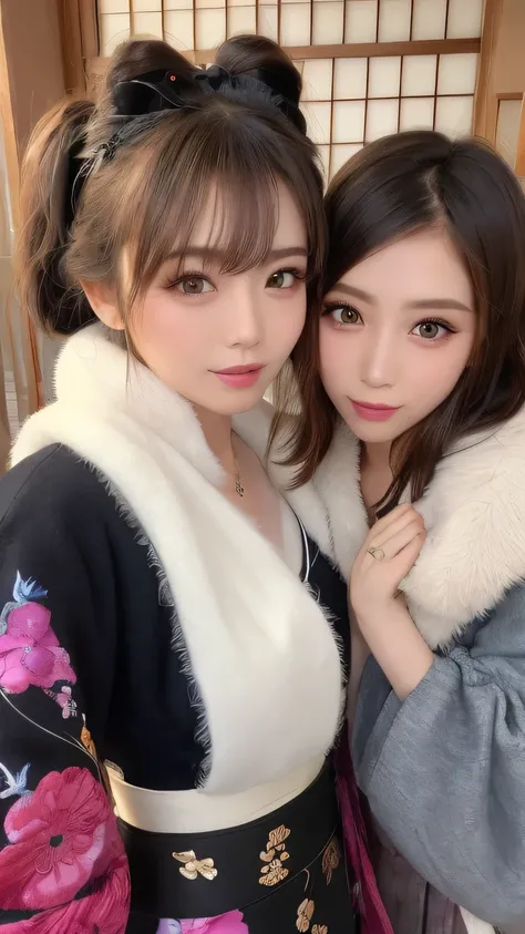 photorealistic,beautiful ((2 womans;1.3)), japanese gal influencers are standing,dressed in a modernized kimono,featuring a textured,White and pink fabric with intricate patterns, like those worn by oiran ,a blue and brown layered obi belt, and a delicate ...