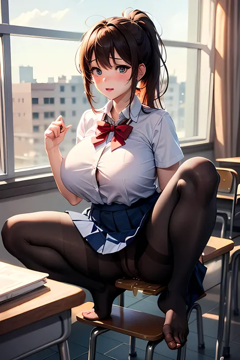 A woman in a high school uniform sits with her legs spread and lifts her skirt , wearing Lofer, Its live-action, peeing in classroom, Ponytail hair, Blushed face, Plump breast, lots puddle of pee at feet, Pantyhose,