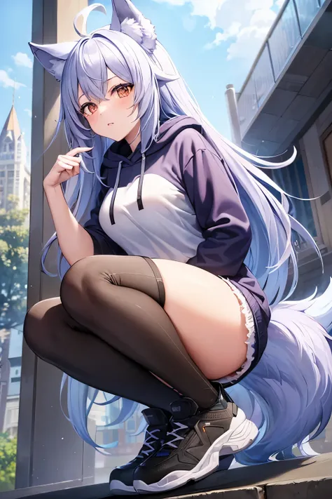  1 girl, (ice lavender)Colored Hair, Wolf ears and tail, brown eyes,  long hair, Around town,  long hoodie,  shorts ,  long boots,  knee-high socks, Big Breasts,（masterpiece, Highest quality and highest image quality）