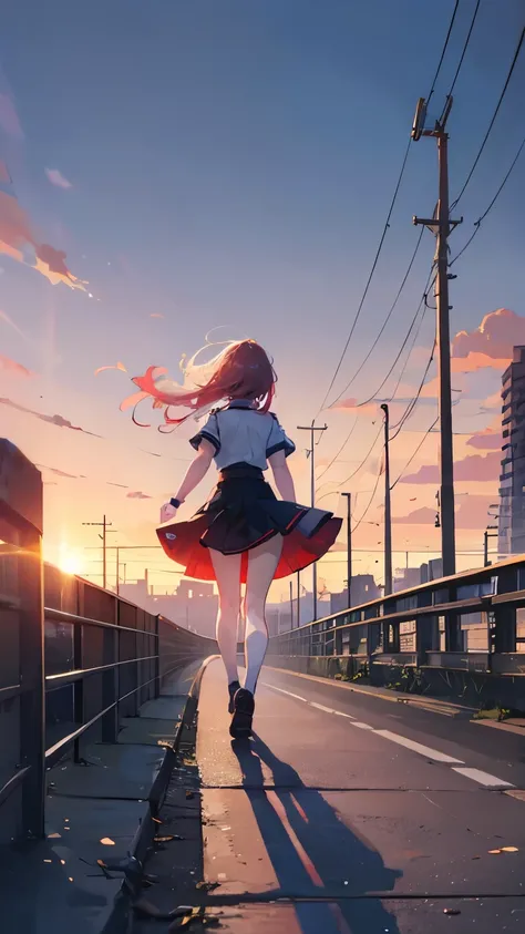 At dusk、 A vast sky dyed in fiery orange and pink。 A girl in uniform is walking alone on a long bridge 。 The wind shakes her hair and skirt 、 The light of a distant city shines softly 。 Electric wires intersect to cut through the sky 、 Moment as if time st...