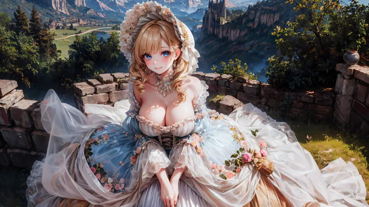  medieval Europe , Lady, Blonde, Curly Hair,  Floral Crinoline Hoop Skirt, petticoat dress,  big breasts, hyper detailed beautiful eyes, bonnet, Fluffy, ((smile)), looking at viewer, from above, leaning forward, from front view, ((sit)), (very wide shot:1....