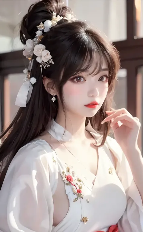 photorealistic nikon 55mm photo, Hanfu Chinese female celebrity goddess wearing a white chinese dress and flour hair ornaments, red lips, very long silky brown hair, perfect bangs, eye shadow, attractive beauty, long black eyelashes, black eyeliner, seduct...