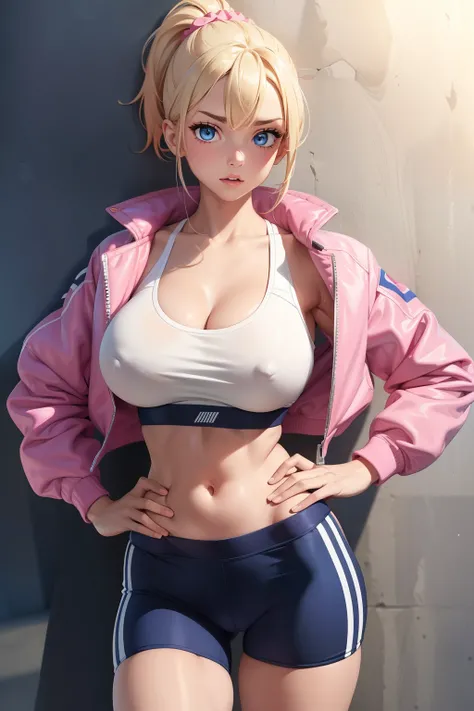 (masterpiece), best quality, expressive eyes, perfect face  blue eyes, sand blonde hair, ponytail, scrunchie, navel, jacket, bike shorts, sports bra,  collarbone, visible belly, white bike shorts, pink sports bra, pink bike shorts white stripe on side, 1 g...