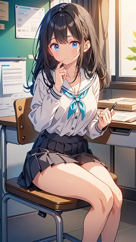 “A quiet and reserved high school girl with long, straight black hair and glasses. She wears her school uniform neatly and is sitting at a desk, deeply focused on her calligraphy work. Her expression is calm and composed, with a hint of seriousness as she ...