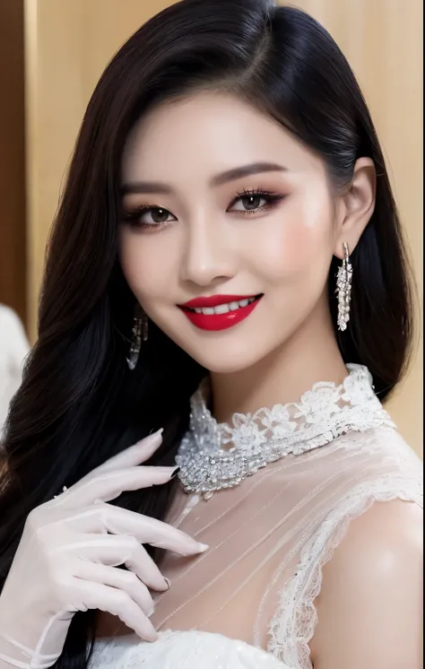 Portrait of a mode business hairstyle, happy smile with showing theeth, Makeup with jucy red lips, rosy checks, smoky eyeshadow, winged eyeliner, It creates a mysterious and high-fashion look, top made of transparent lace lace, nail polish, fingerless glov...