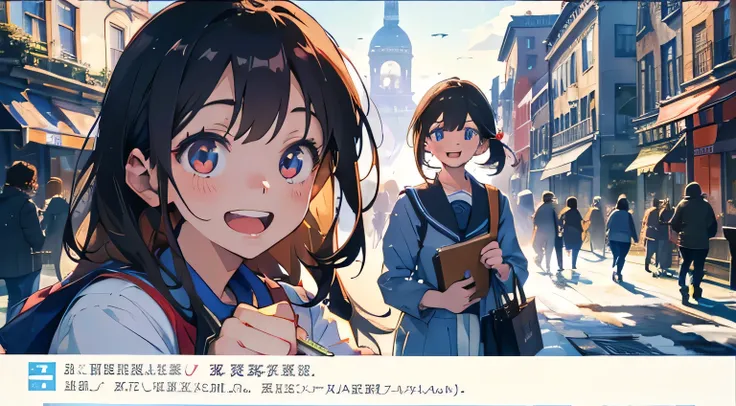 anime,（ top quality 、 super high image quality、 high detail:1.1、Beautiful Teeth、 Open Your Mouth and Laugh 、 Perfect Anatomy、Detailed modeling 、 eyes、Focus on every detail of the eye）、（Students are having fun doing research in the shopping district）、Social...