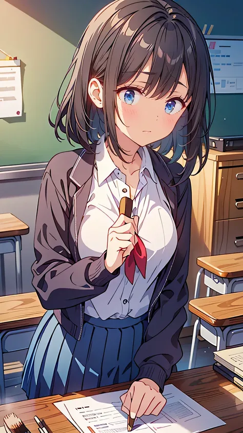 “A shy and enthusiastic high school girl with short, slightly wavy black hair. She wears her school uniform, with a bit of nervous energy in her posture as she holds a calligraphy brush for the first time. Her expression is one of quiet determination, mixe...