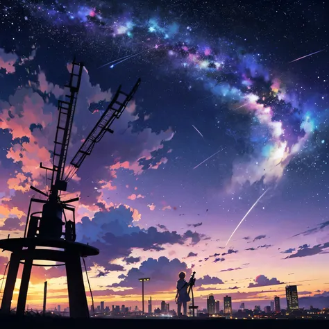 On the hill at night、The vast starry sky spreads out 、 the big moon shines quietly 。 the silhouette of a  stands on the edge of the hill 、 the city lights that spread far away twinkle like stars 。 There are many shooting stars running in the sky 、 the fain...