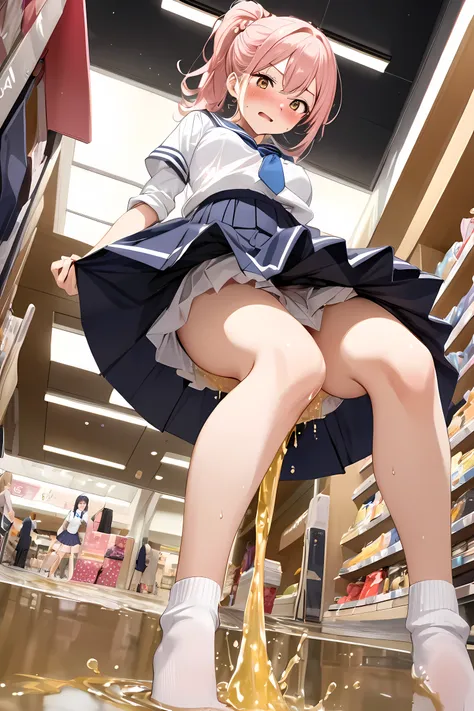 A woman in a high school uniform sits with her legs spread and lifts her skirt , wearing Lofer, Its live-action, peeing in Shopping mole, Ponytail hair, Blushed face, Medium breast, lots puddle of pee at feet, Lose socks, (From below:1.2), Dynamic pose,