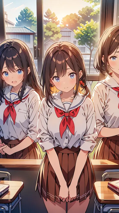 “In a bustling classroom before the morning bell, four girls huddle by the windows, chatting quietly about the new ramen shop one of them discovered. The sunlight filters through the curtains, casting soft patterns on their desks. Other students bustle aro...