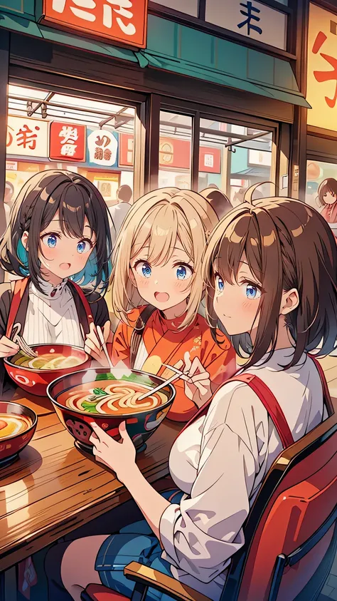 “A bustling, colorful ramen shop in Osaka with large, eye-catching signs and advertisements. The shop is filled with customers, young and old, enjoying their ramen in a lively, energetic atmosphere. The interior is decorated with bright colors, neon signs,...