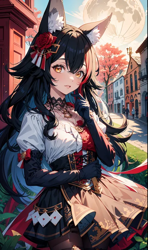 masterpiece,    top quality,    high resolution,  masterpiece:1.2,     high quality  , 8K,      grow up beautifully and meticulously   ,  happy ， miosha1, hair flower, twintails, hair over one eye, wolf tail,masterpiece, Best, night, Full Moon, 1 adult fem...