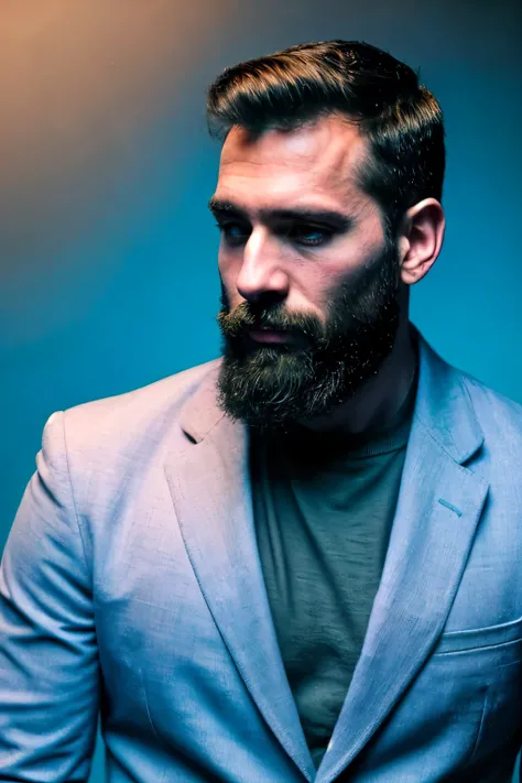 handsome bearded man, blue hue, artistic portrait