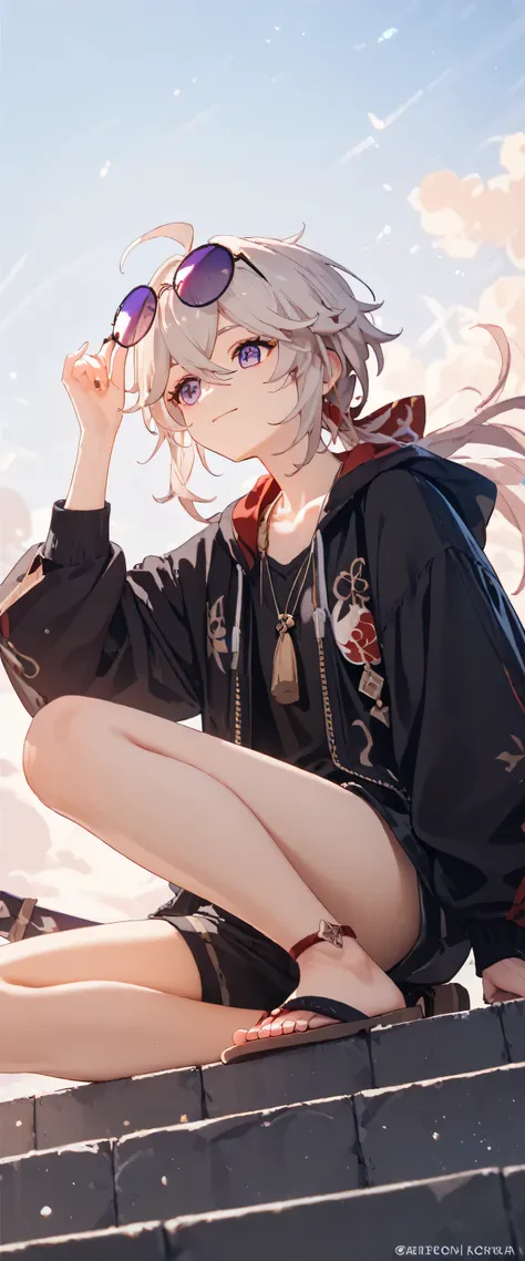 Best quality,  top quality, kaedehara kazuha, genshin, eyewear on head, round eyewear, purple sunglasses, oversized fleece jacket, black shirt, from below, on one knee, sit on the step, ((Indian style,one leg only:1.2)), hand on own knee,  sandals , Put a ...