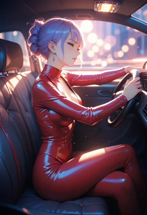  anime girl  ,  wearing a velvet suit ,  beautiful pose,  sexy and comfortable look,  Ideal Anatomy  , make,  sitting in a leather car seat background,  sex, leather interior , The window is slightly open, masterpiece,  Details,  bright color ,  Details De...