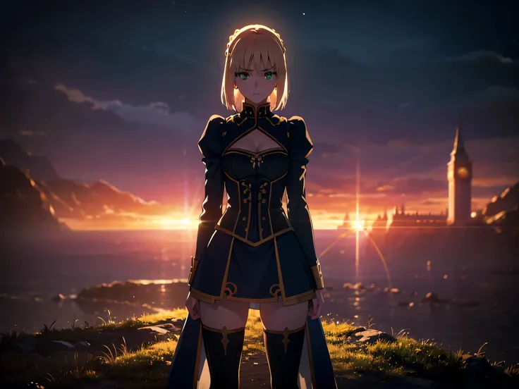 Adult saber from fate; up to down perspective; long and beautiful thighs and legs; goddess and horny pose; staring on sky; mini-skirt; full stockings; aesthetic; bohemian; realistic; skinny fit; emo; ; night city background; Dark fantasy ; focus on hips; g...