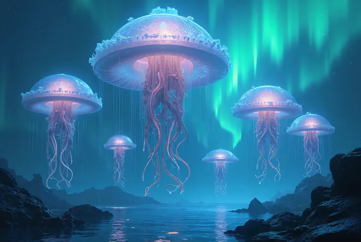 "Giant floating jellyfish-like structures serving as futuristic cities, glowing tentacles hanging beneath, auroras painting the sky, mystical underwater scene, bioluminescent atmosphere."