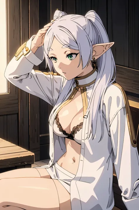 freeze,1girl, green eyes,  white hair, pointy ears, Lying on the open shirt showing bra.