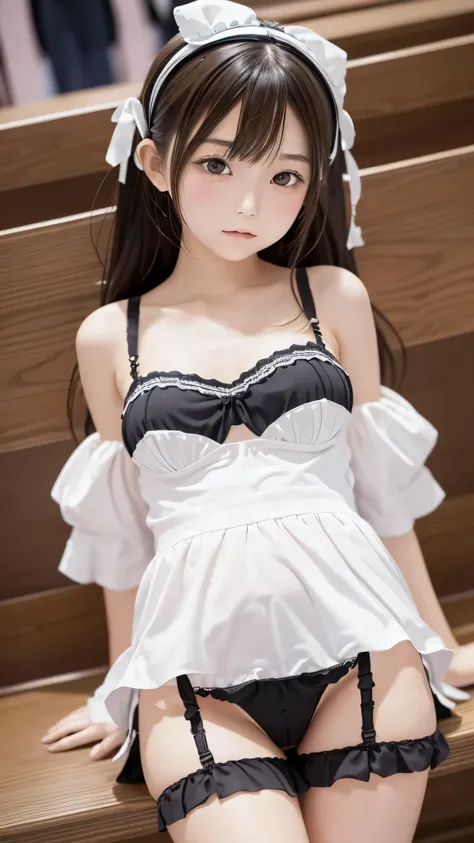  Japanese 6th grade girl,(White gothic lolita figure),Department store bench ,( can see her panties:1.4),(Clothes with open shoulders),( leg opening pose)