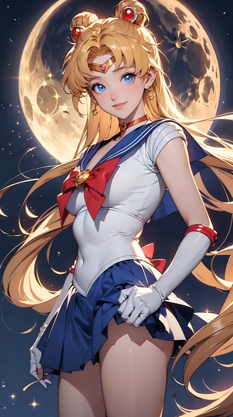 Sailor Moon, 1 girl, blue eyes, Long Golden Hair, sailor suit , Moon Headdress , Holding a Moon Stick ,Moon prism power、 stand with hands on hips 、The city and the full moon, Confident Smile .