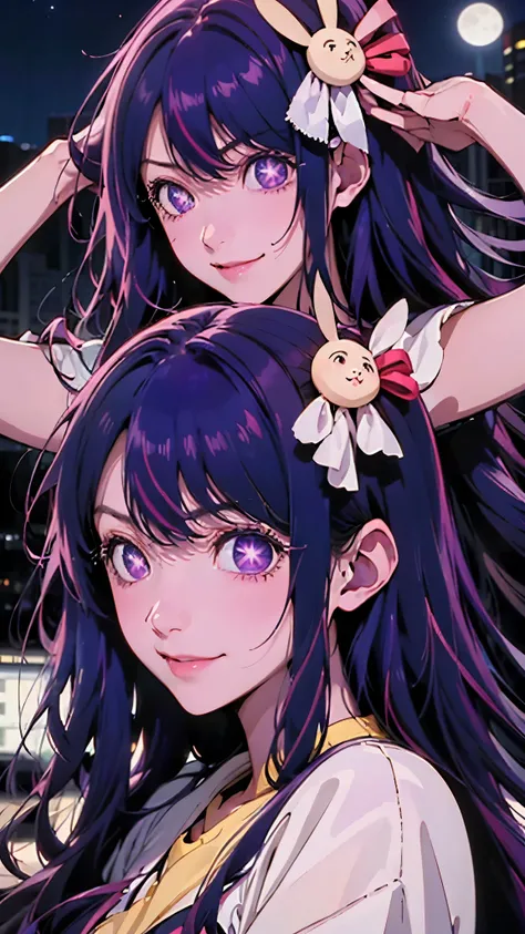 Ai Hoshino、 longhair 、Purple Hair、 striped hair、 purple eyes、Star-shaped eyes、 hair ornament、The city and the full moon,  Confident Smile .Raise your hands to the sky and face the sky、